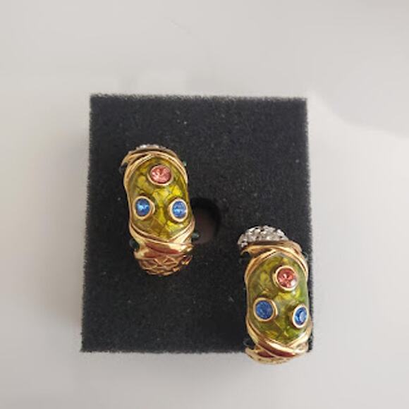 Swarovski Half Hoop‎ Earrings Gold Plated Green Enamel Colored Crystals Signed - Picture 7 of 9